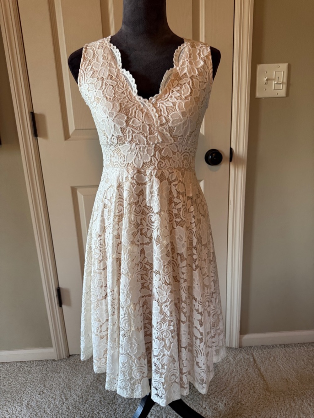 PattyBoutik Ivory Lace Midi Fit & Flare Dress